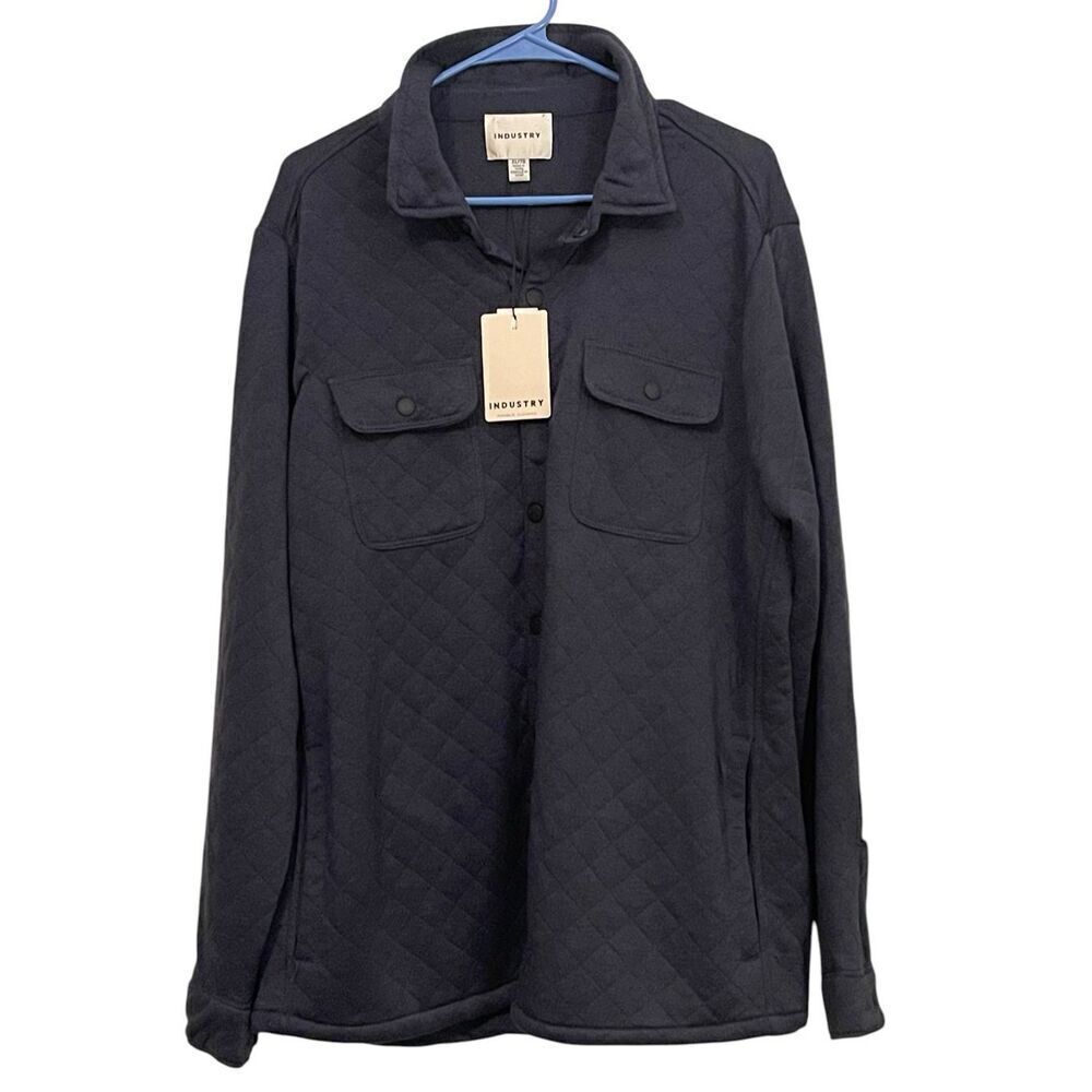 New Industry Mens Black Rayon Blend Collared Snap Front Quilted Shirt Jacket XL
